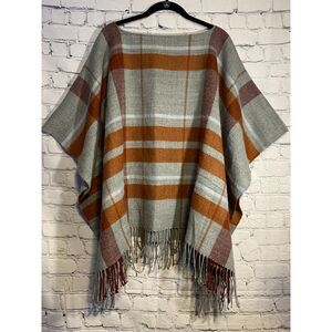 A New Day Women's Over the Head Poncho Size XL  Grey/Orange/Burgundy Tassels